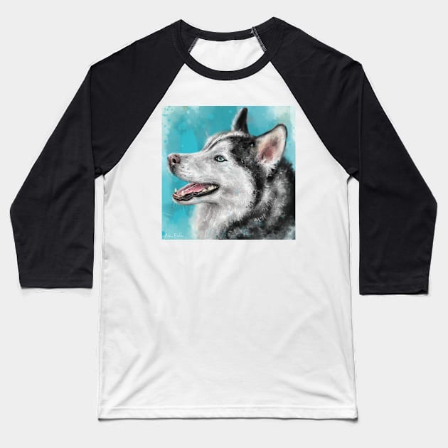 Adorable Siberian Husky Painting Smiling on Blue background Baseball T-Shirt by ibadishi